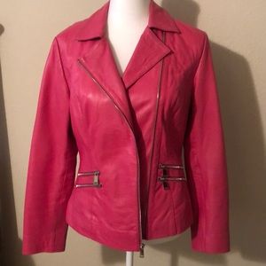 Neiman Marcus Hot pink leather moto jacket